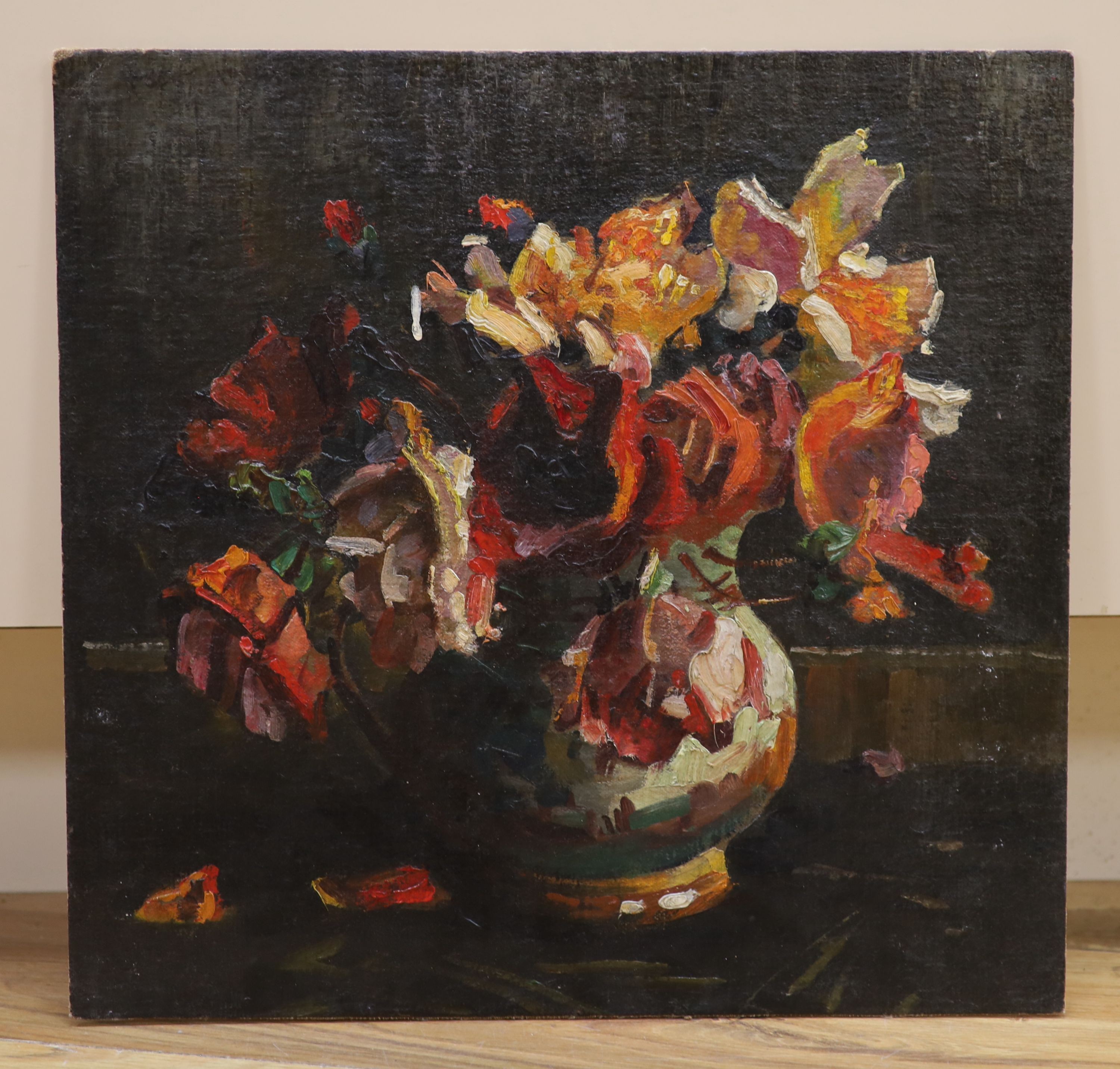 English school circa 1920, oil on canvas laid on board, Still life of roses in a vase, 37 x 38 cm unframed.